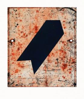 Coloured print of road sign textures with an arrow positioned diagonally with the rectangle. 