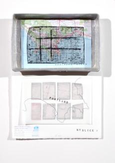 My slice, Portland, 43 x 30 x 4cm; found object, drypoint, chine collé, map, drafting film, thread, stamping